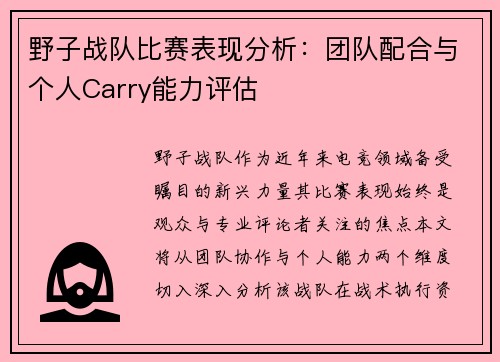 野子战队比赛表现分析：团队配合与个人Carry能力评估